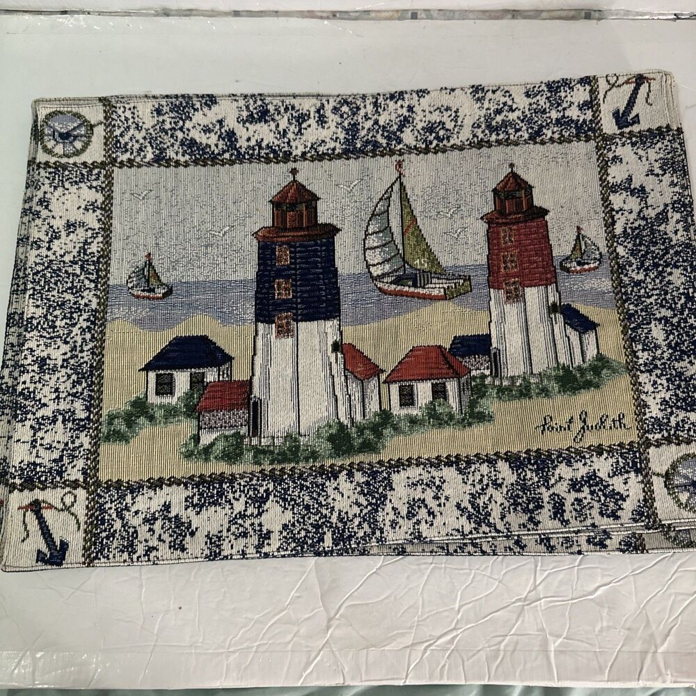 Set of 4 Nautical Placemats Point Judith Lighthouses‎ Sailboat Tapestry 12 x 18